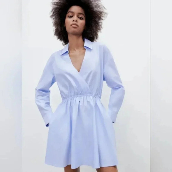Zara Chambray Long Sleeve Shirt Dress Sky Blue  Size Small - Picture 2 of 10